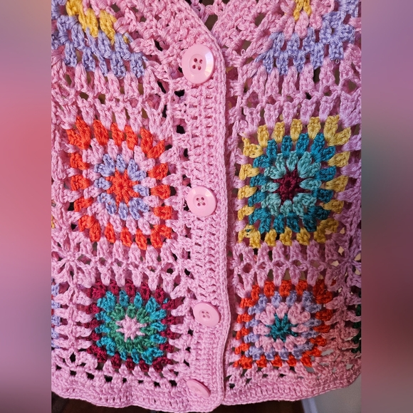 NWOT Cotton Emporium patchwork crochet sweater pink/multicolor - Picture 5 of 7